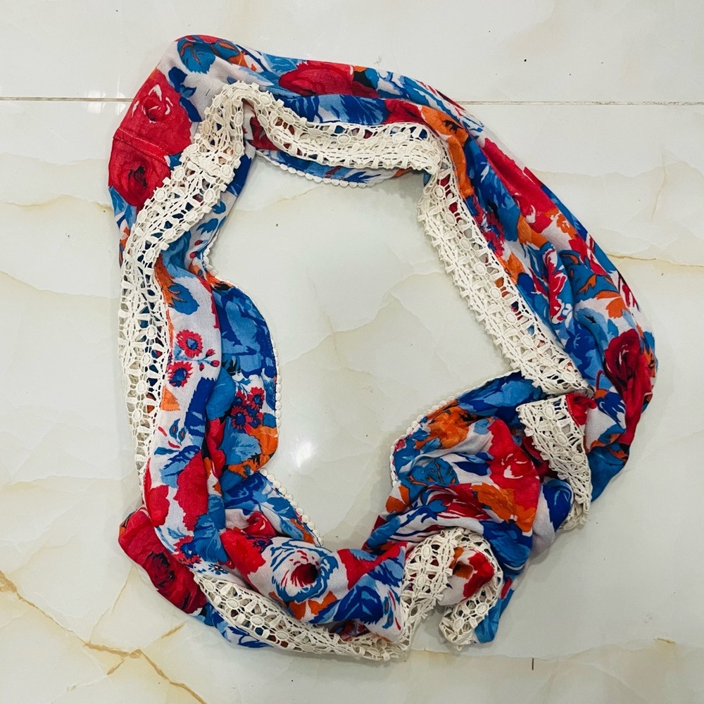 Rose & Rose Infinity Scarf Red & Blue Roses With Delicate Cream Lace Trim